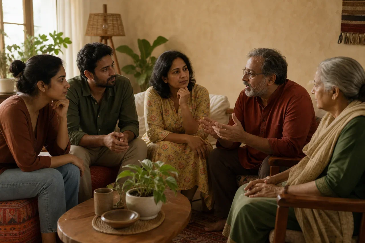 Five fictional Indian adults listening to one another in an intergenerational conversation